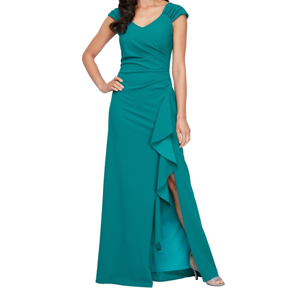 Alex Evenings Ruffle Ruched Jade Green Slit Gown Dress Womens Size 18W NWT